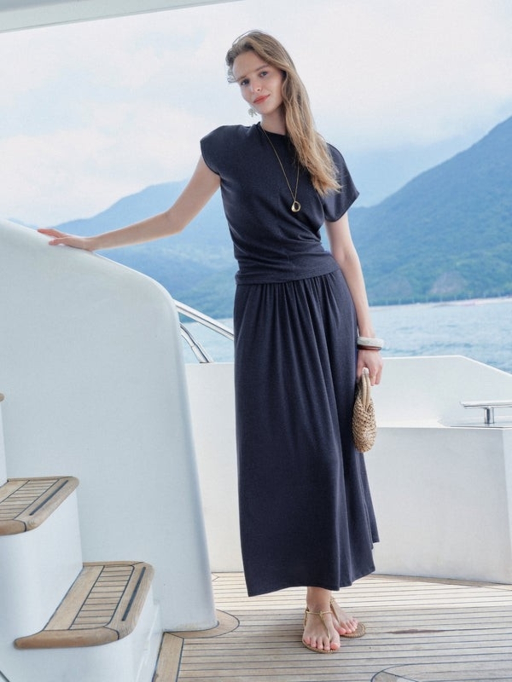 OGL Tencel-Linen 2Pcs Set Round Neck Top & A-Line Maxi Skirt with Pockets - Picture 13 of 16